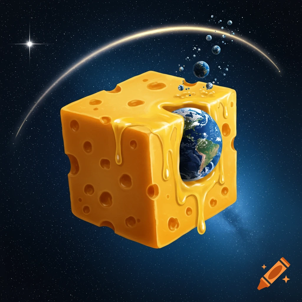 A realistic block of Swiss cheese with the Earth inside, dripping cheese, floating in deep space with stars and a light streak.