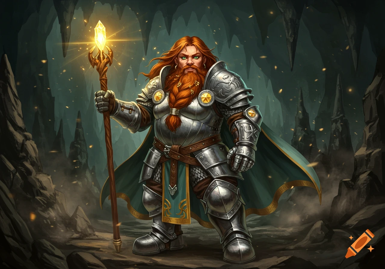 A female dwarf with red hair, braided beard, and green eyes stands in silver armor and a green cape, holding a glowing staff in a dark cave.