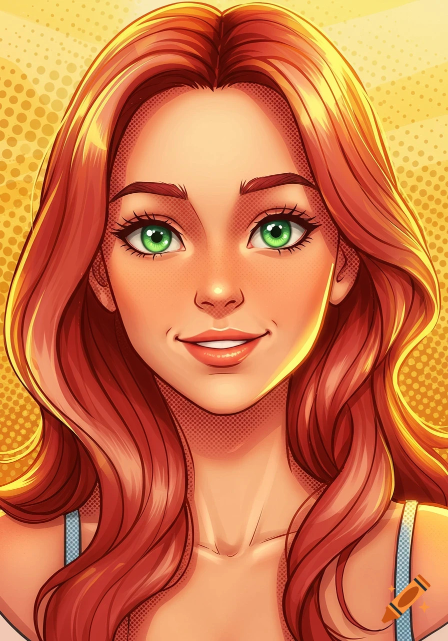 Comic book style portrait of a smiling young woman with long red hair and green eyes, set against a yellow halftone background.