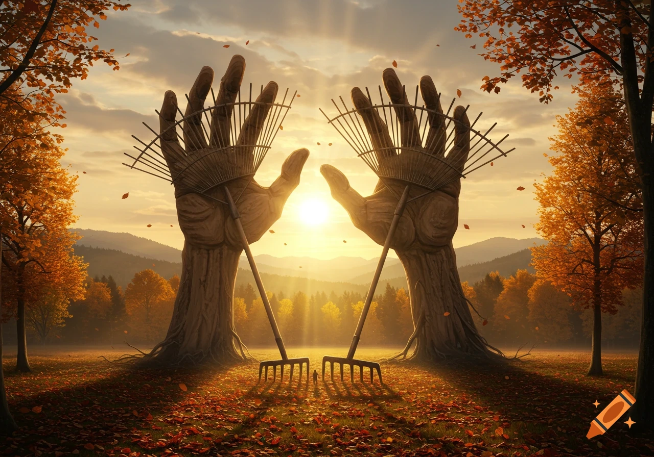 Surreal image of two massive tree-like hands holding rakes in an autumn field at sunset with falling leaves.