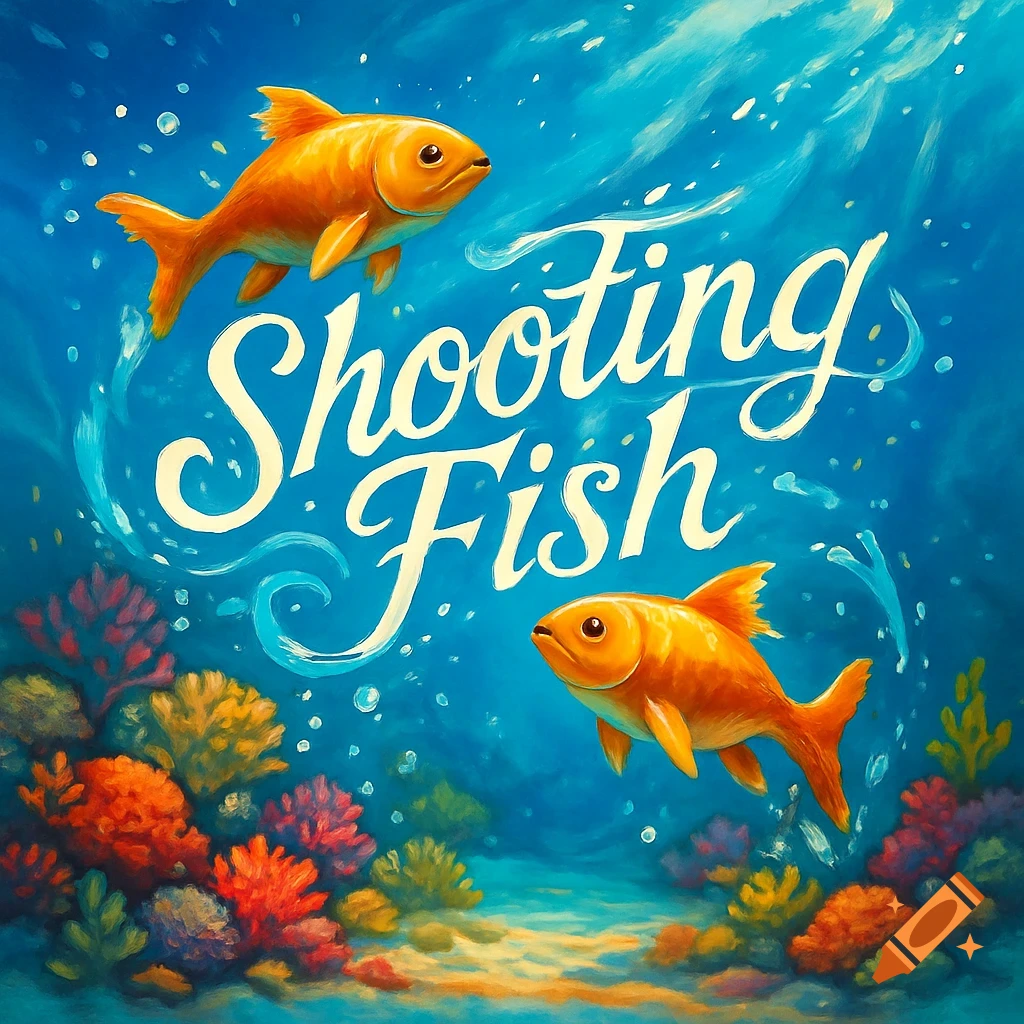 Two orange goldfish swim in a vibrant blue ocean with colorful corals, bubbles, and the text 'Shooting Fish' in a painterly style.