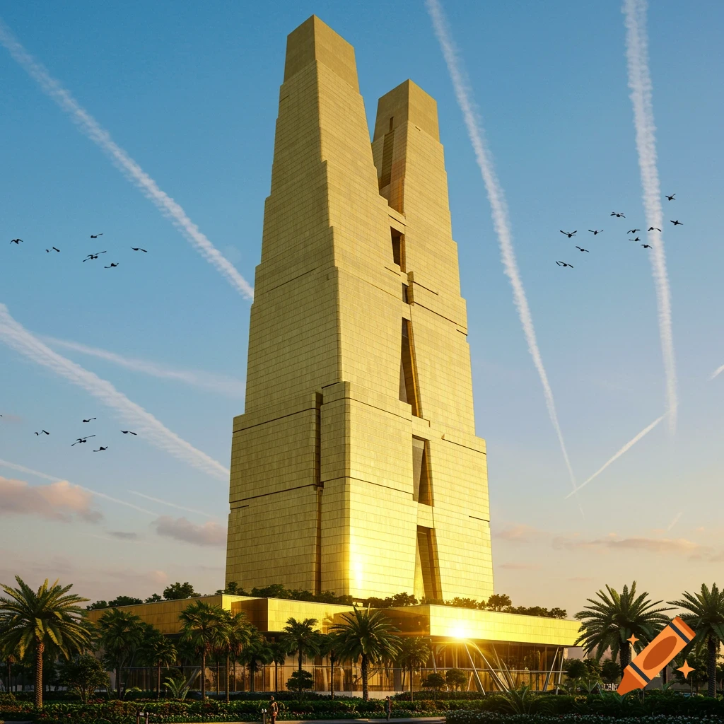 A towering golden, inverted V-shaped skyscraper under a bright blue sky with airplane contrails, flanked by palm trees.