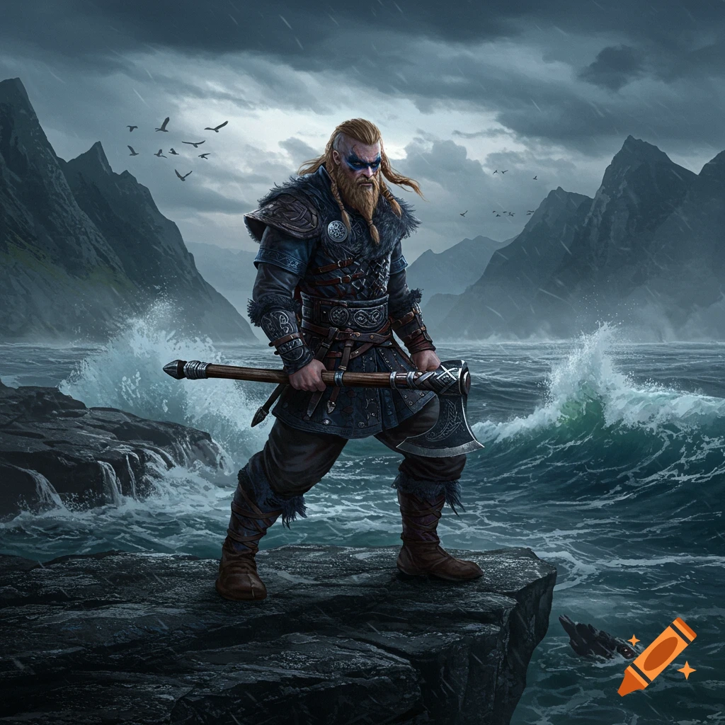 A strong viking warrior with a braided beard and blue war paint stands on a rocky cliff by a stormy sea, holding a battle axe.