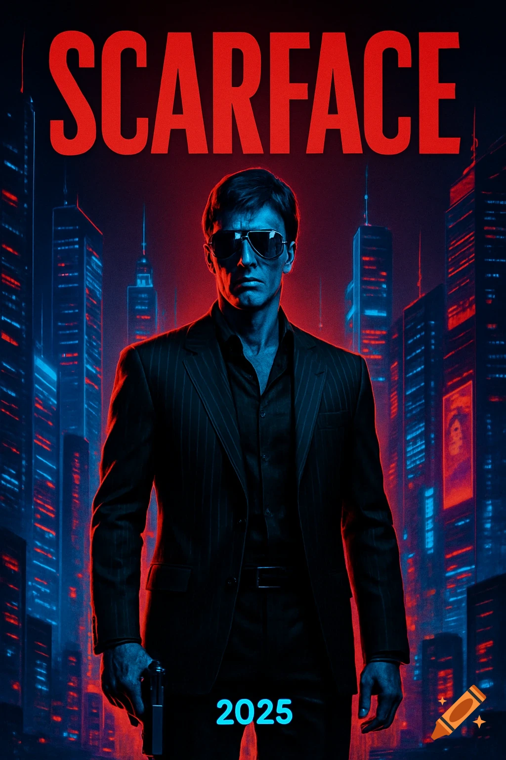 Stylized movie poster featuring a man in sunglasses holding a gun against a neon-lit cityscape with the text 'SCARFACE' and '2025'.