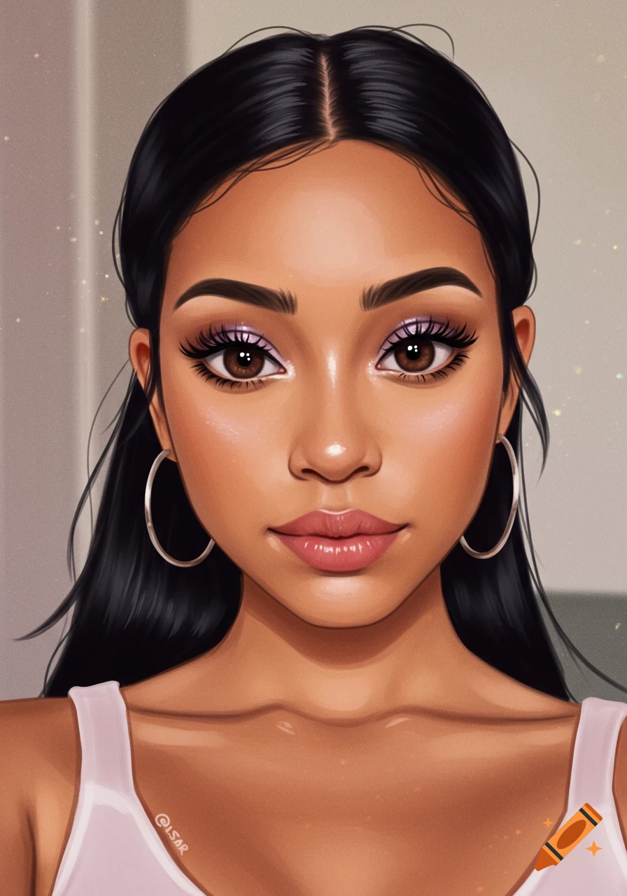 Digital art portrait of a young Latina woman with dark hair, lavender eyeshadow, and hoop earrings.