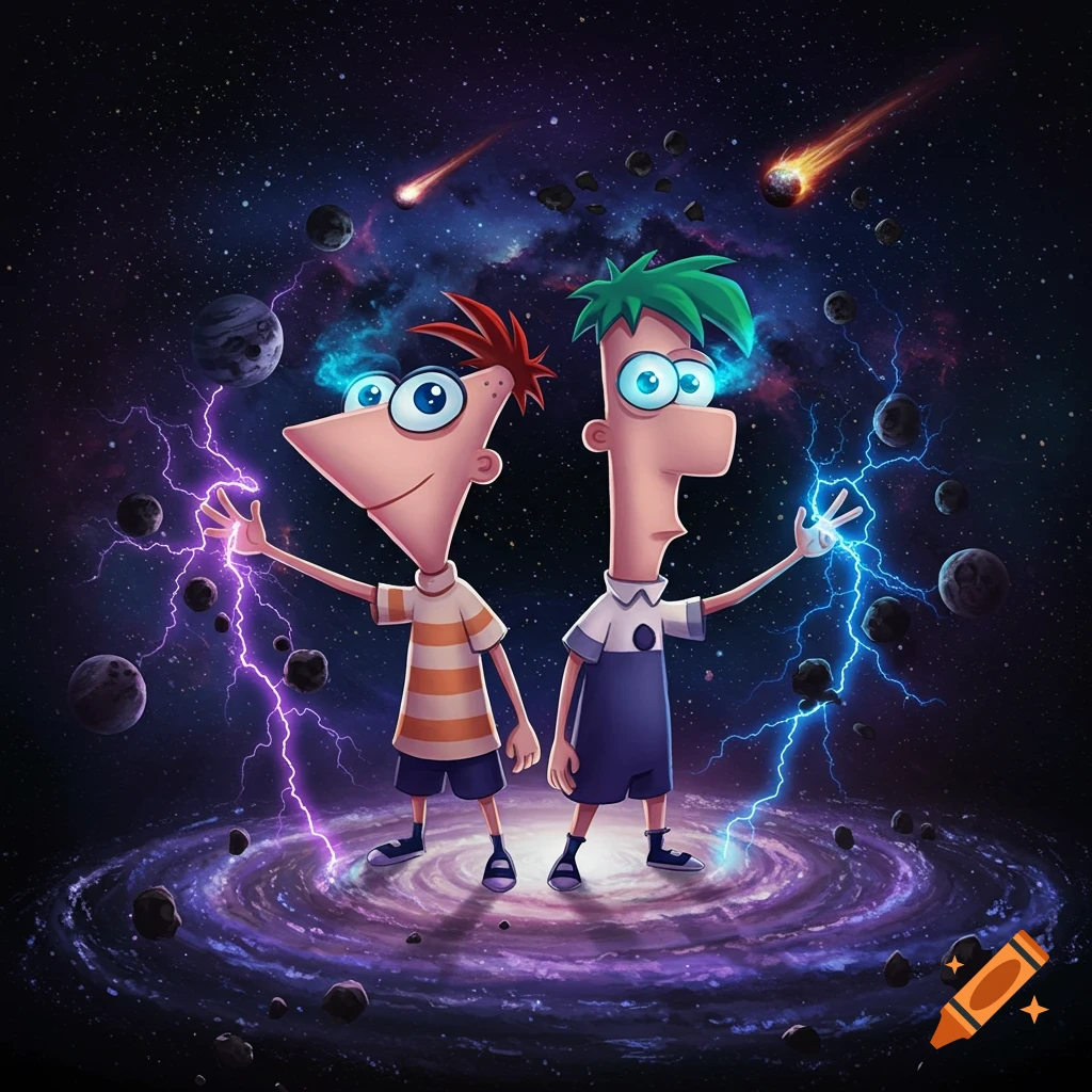 Cartoon characters Phineas and Ferb stand in space, one with purple lightning, the other with blue, surrounded by planets, meteors, and a galaxy.