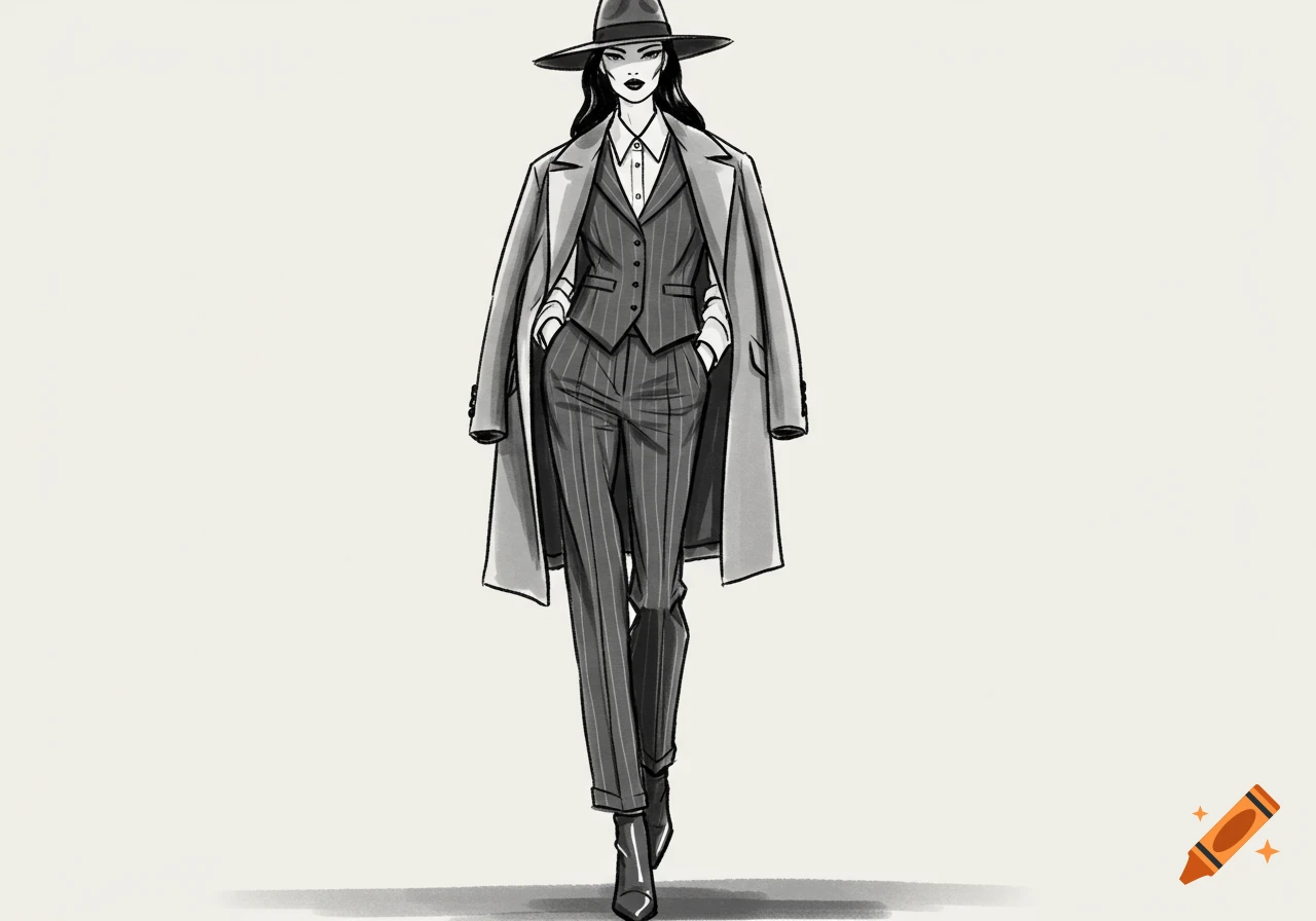 Fashion sketch of a woman in a fedora, pinstripe suit, overcoat draped on shoulders, and high-heeled boots, rendered in black and white.