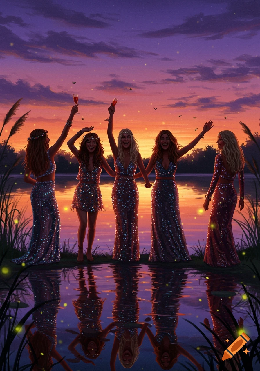 Five women in glittery dresses celebrate by a lake at sunset with fireflies, digital art.