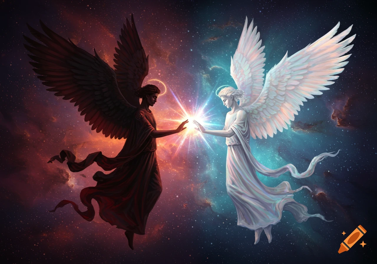 A dark-winged angel and a light-winged angel touch hands, glowing with light in a celestial starry nebula.