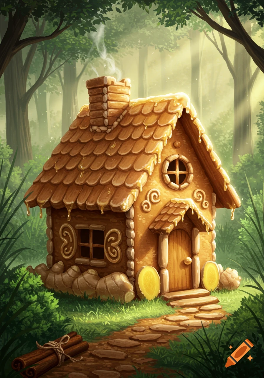 A whimsical gingerbread house with icing dripping from its roof, nestled in a lush green forest with sunlight filtering through the trees.