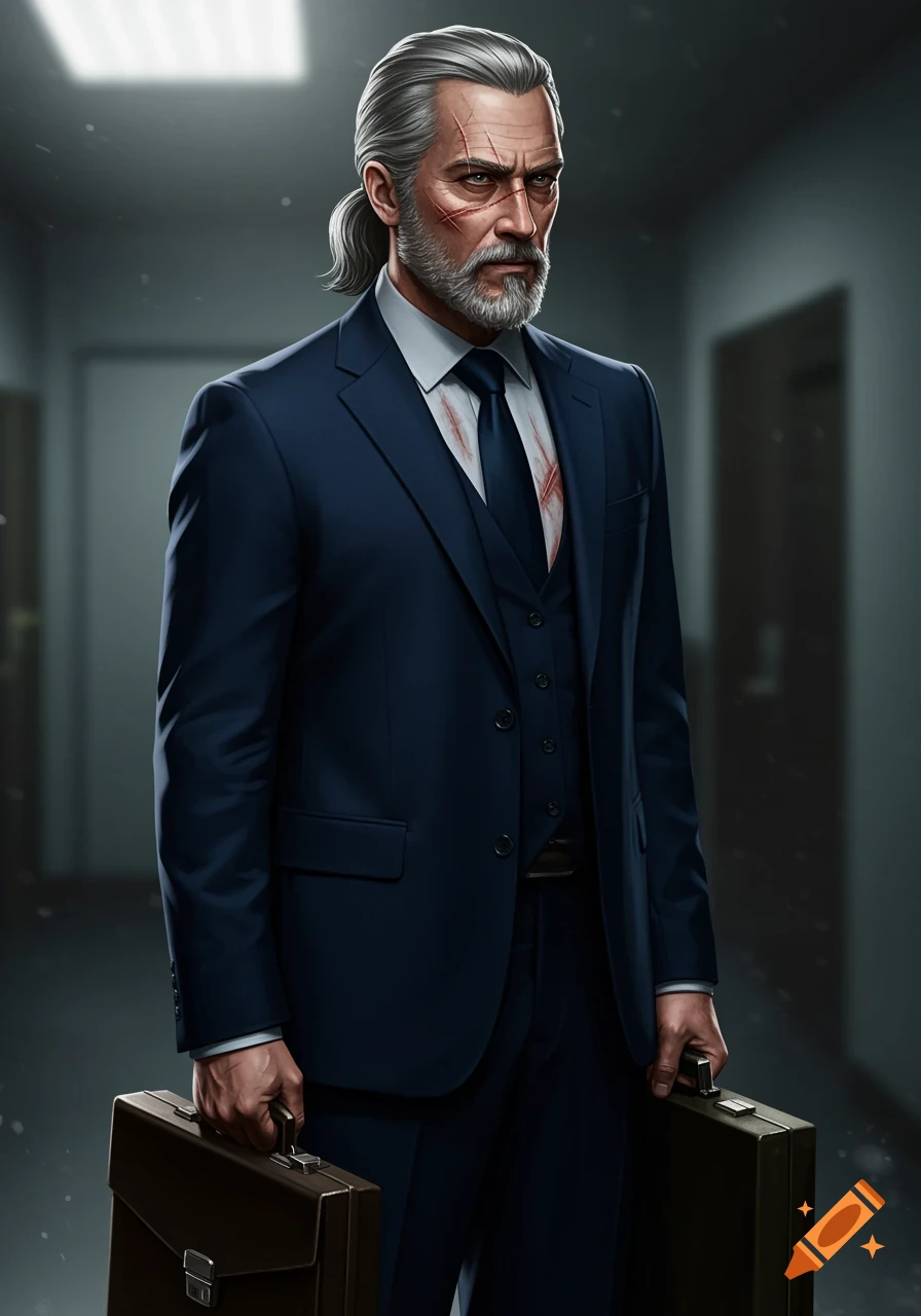 A man in a dark suit with a gray ponytail, beard, and facial scars, holding two briefcases in a dimly lit hallway. Bloodstains on his shirt and tie.