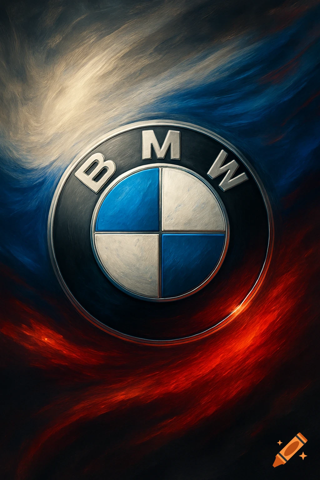 Painterly BMW emblem against a swirling background of white, blue, and red, resembling the Russian flag.