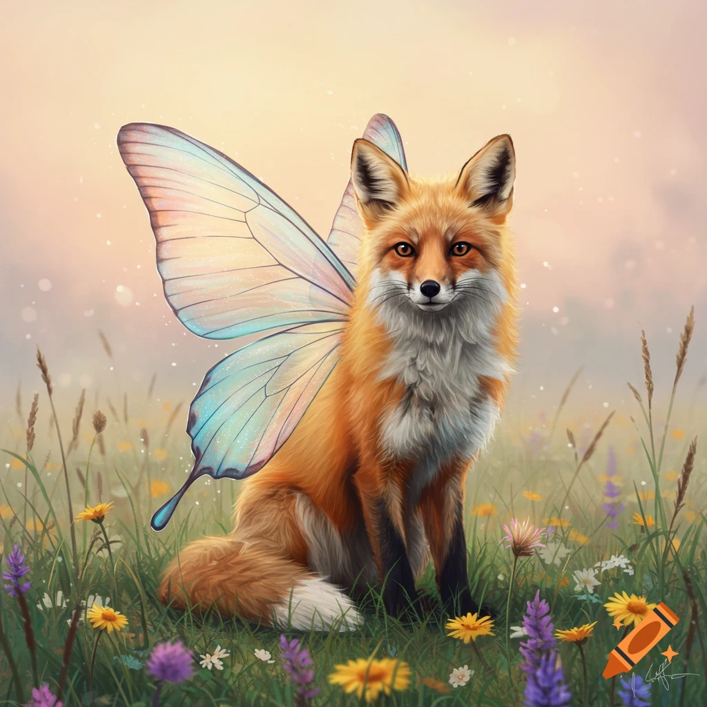 A majestic fox with translucent butterfly wings sits in a field of colorful wildflowers under a soft, dreamy sky.