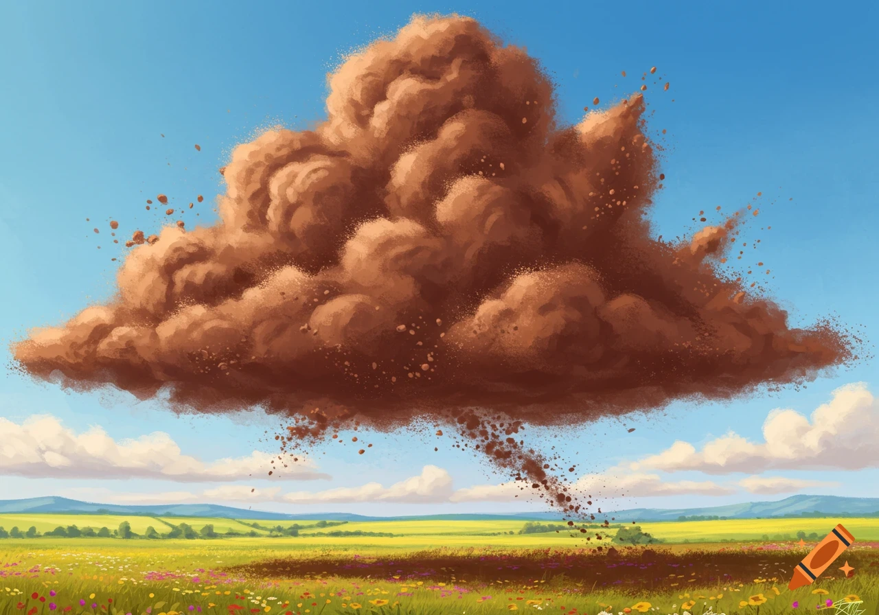A large brown cloud of soil or cocoa with particles falling over a vibrant green field of wildflowers under a blue sky, in an illustration style.