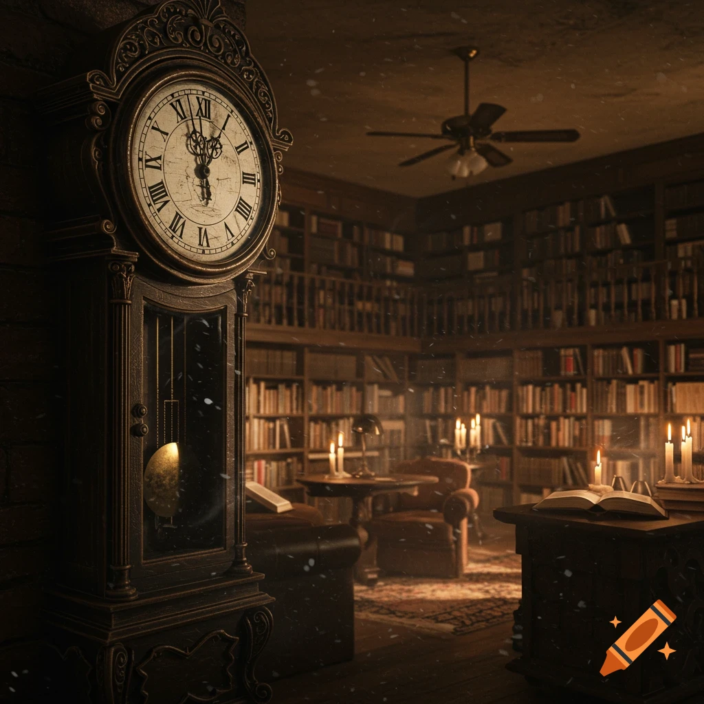 A dimly lit, vintage library room with a tall grandfather clock in the foreground, surrounded by bookshelves, lit candles, and cozy armchairs.
