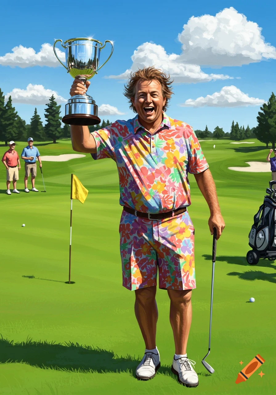A man in a colorful floral shirt and shorts stands on a golf course, happily holding up a shiny trophy.