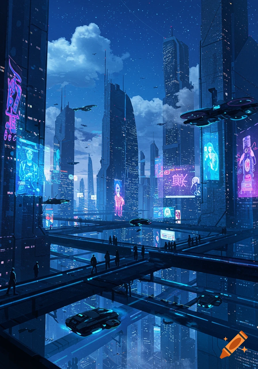 A vibrant, futuristic city at night with towering skyscrapers, flying vehicles, and neon-lit walkways with people, reflecting on wet surfaces.