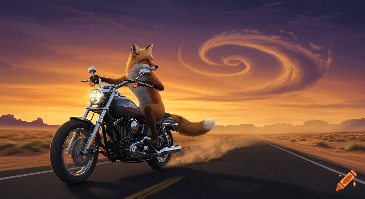 An anthropomorphic fox rides a motorcycle on a desert road at sunset, with a swirling cloud formation in the sky.