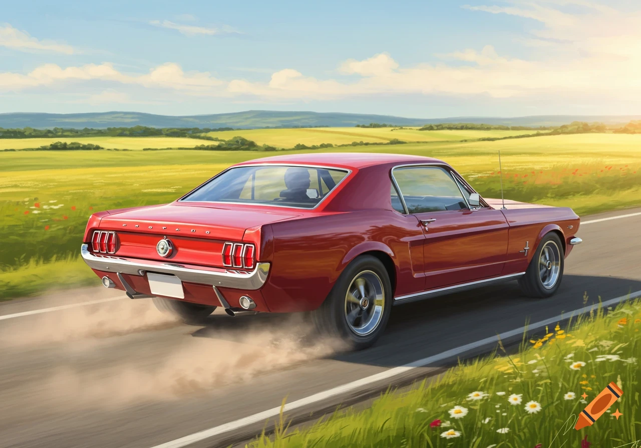 A vibrant red 1960s Ford Mustang coupe drives away on a country road, with dust trailing behind. Lush green fields and a blue sky with clouds are in the background.