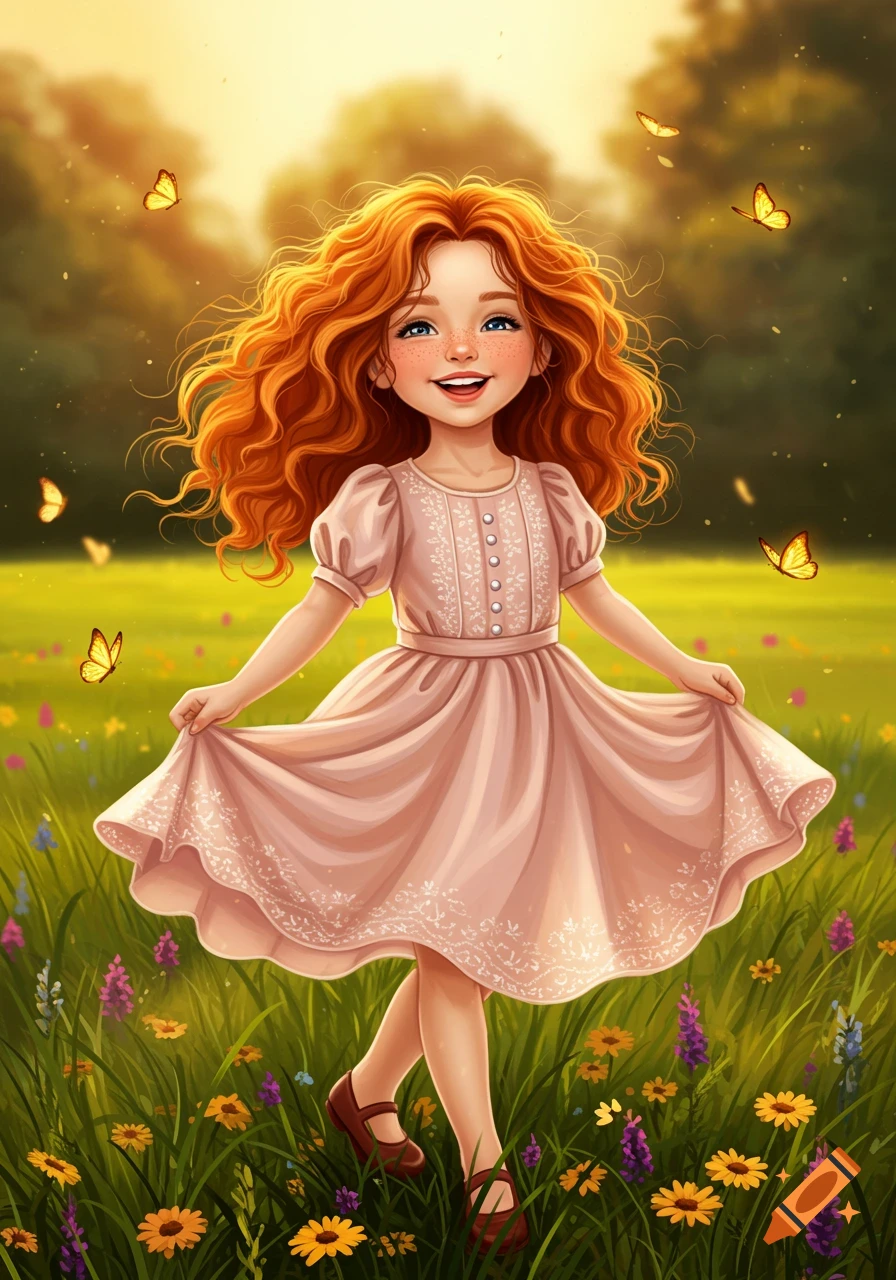 A cute, smiling, red-haired cartoon girl in a pink dress stands in a sunny meadow with flowers and butterflies.