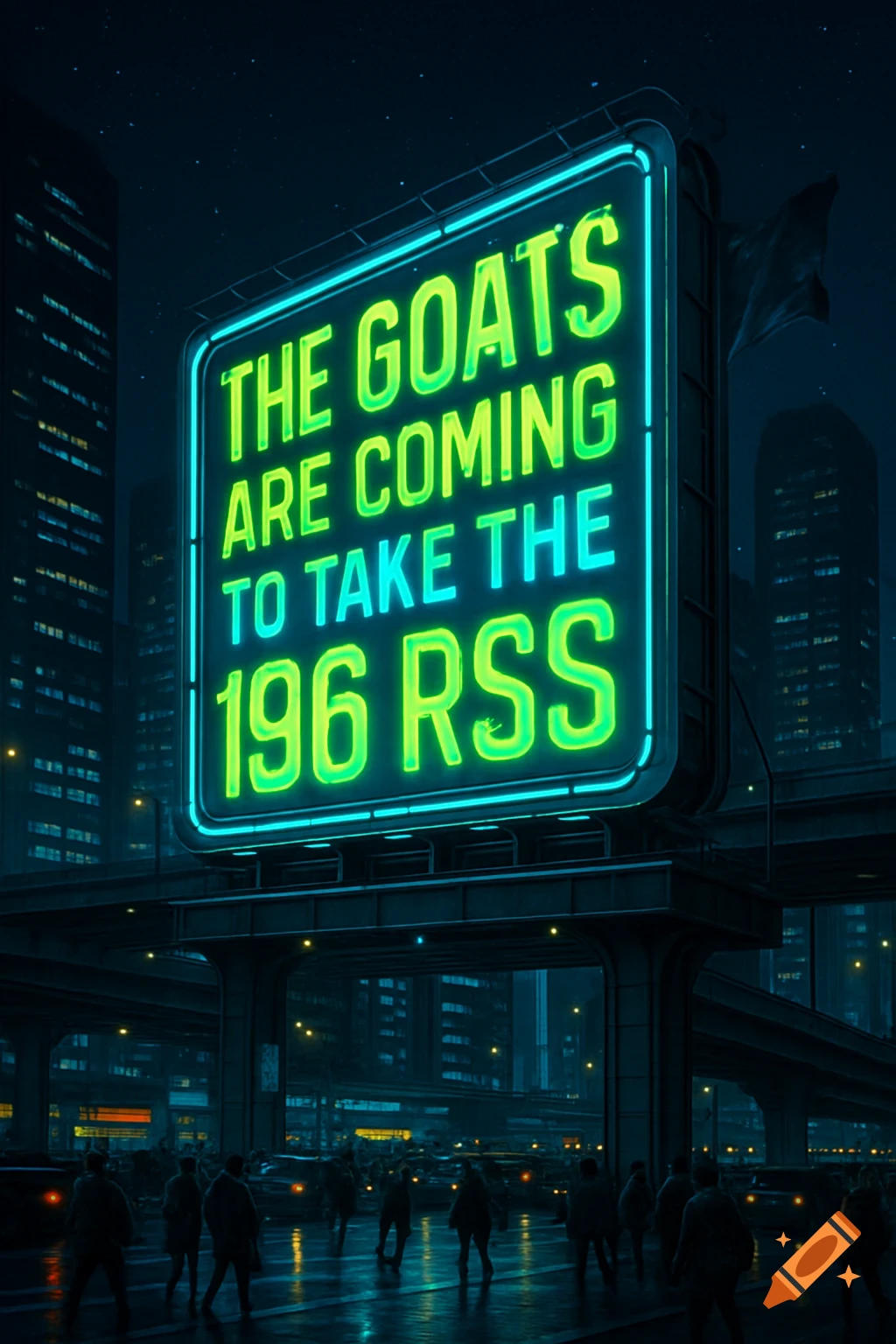 Neon billboard with 'THE GOATS ARE COMING TO TAKE THE 196 RSS' over a dark, futuristic city street at night.