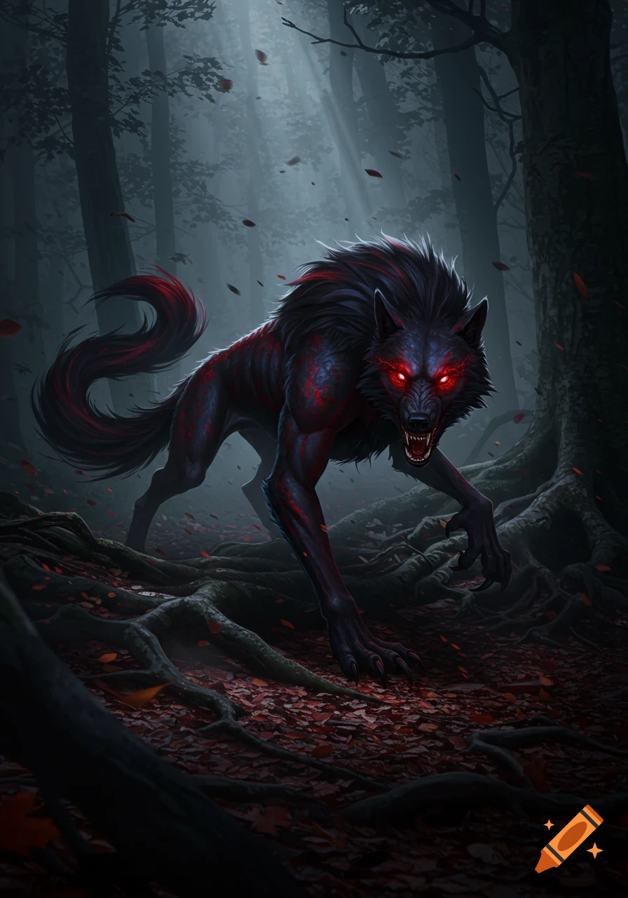 A menacing black wolf-like creature with glowing red eyes and red markings, lurking in a dark, misty forest with fallen leaves.