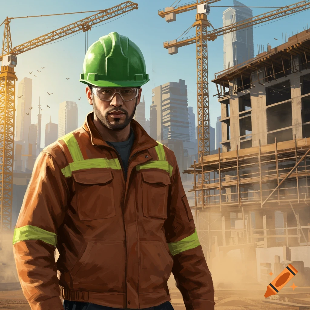 Photorealistic image of a construction worker in a green hard hat and brown safety jacket at a dusty construction site with cranes and city buildings in the background.