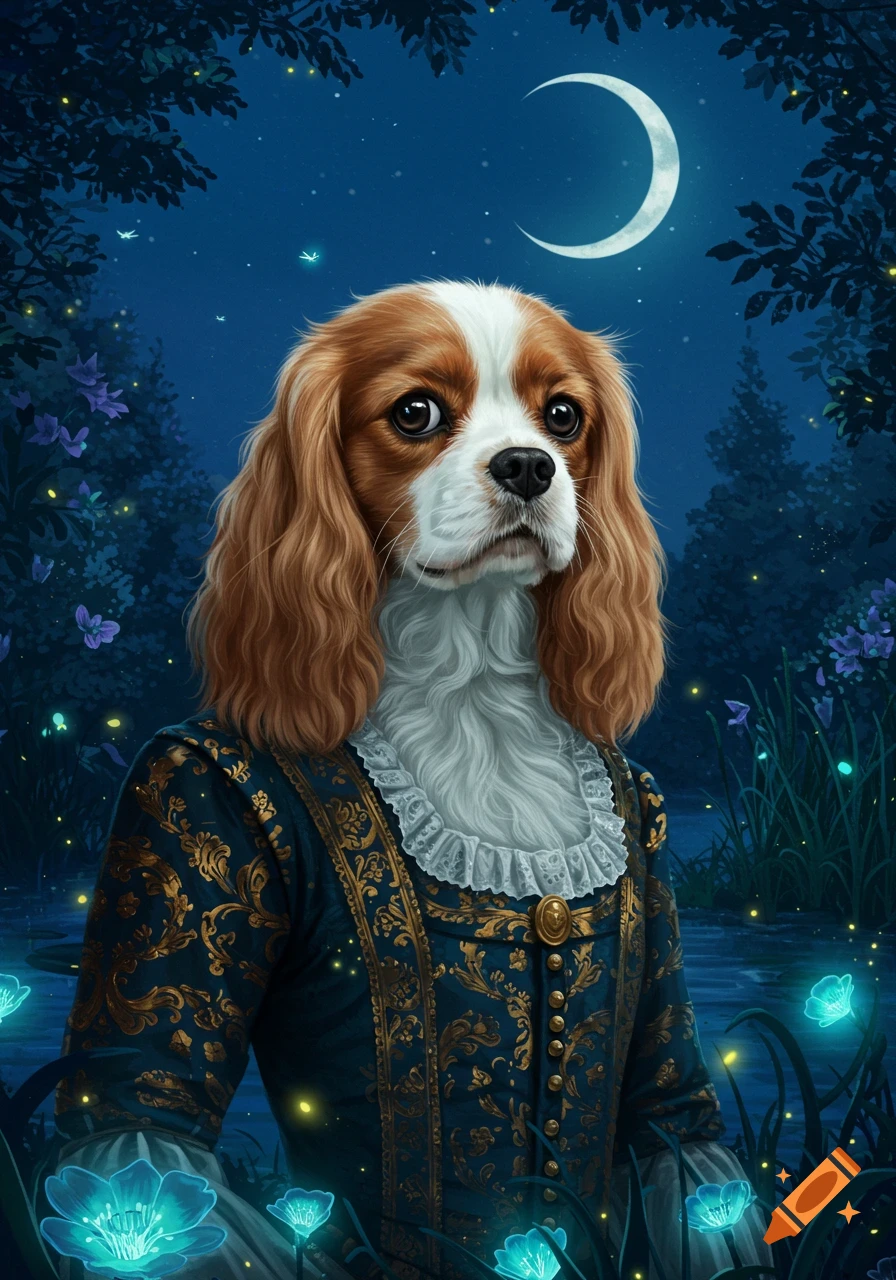 A majestic Cavalier King Charles Spaniel in a blue and gold period dress stands in a magical night forest with glowing plants and a crescent moon.