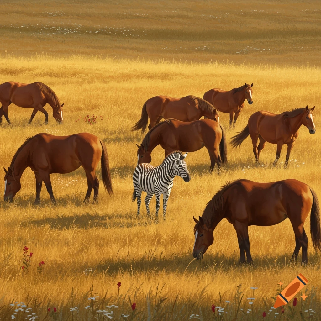 A photorealistic image of a zebra standing among several brown horses in a sunlit golden grassy field.