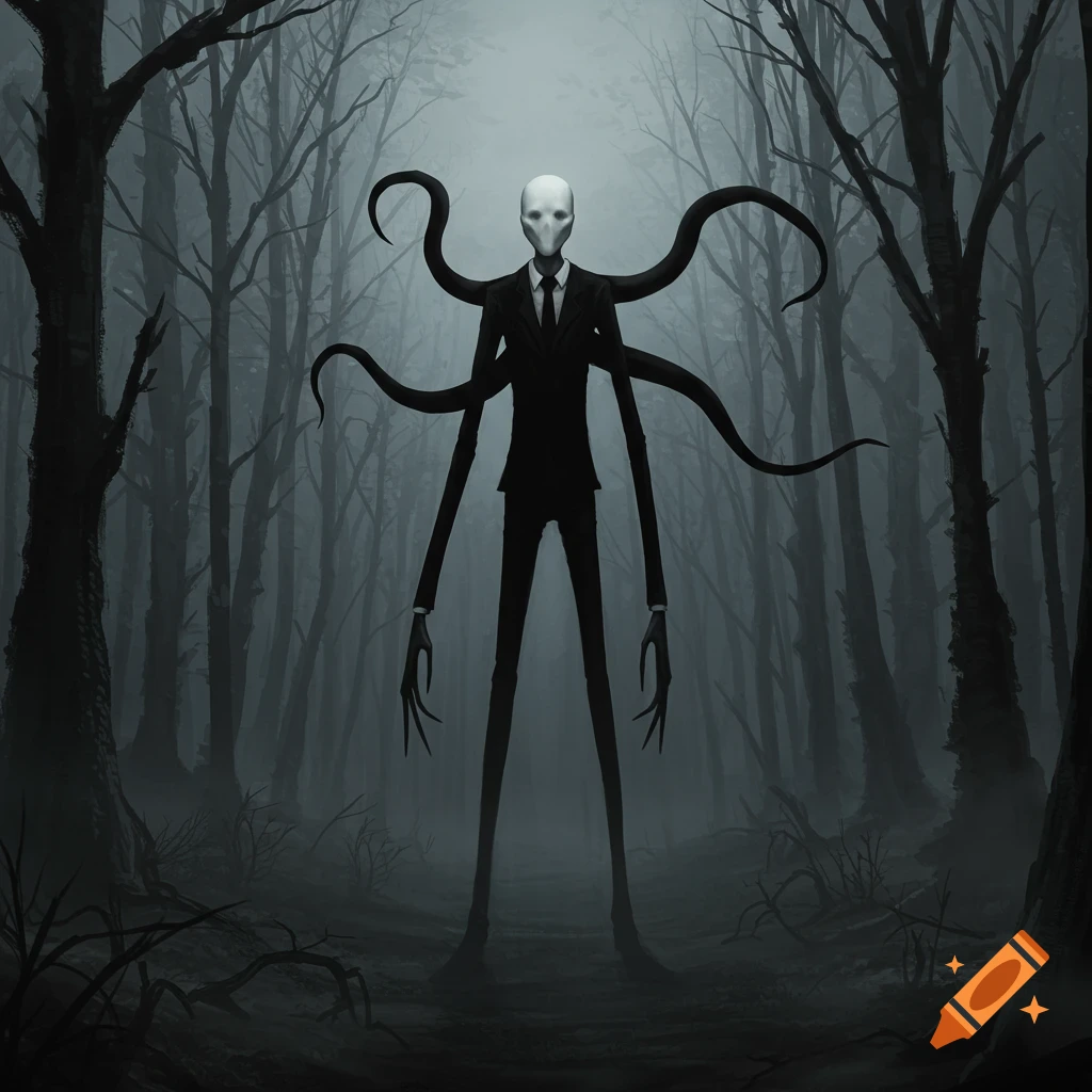 Tall, faceless figure in a black suit with multiple tendrils stands in a dark, misty, spooky forest.