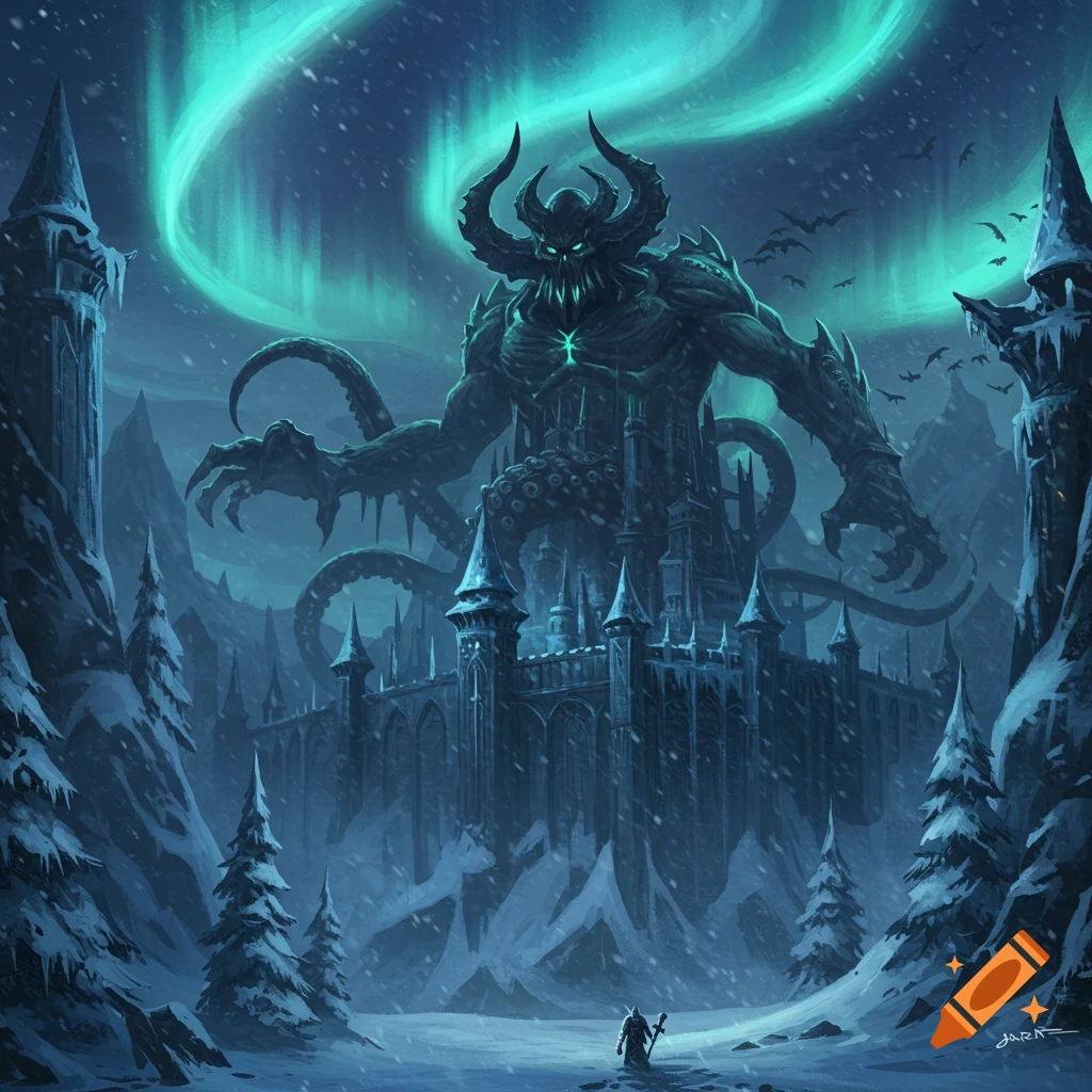A large horned demon-like creature towers over a gothic winter castle under an aurora, with a small adventurer in the foreground.