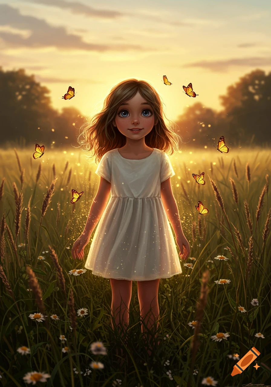 Cartoon girl in a white dress stands in a sunny field with butterflies and glowing particles.