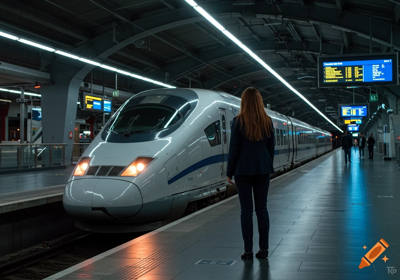 A woman stands on a train platform next to a white high-speed train, with departure boards in the background, in a dimly lit station.