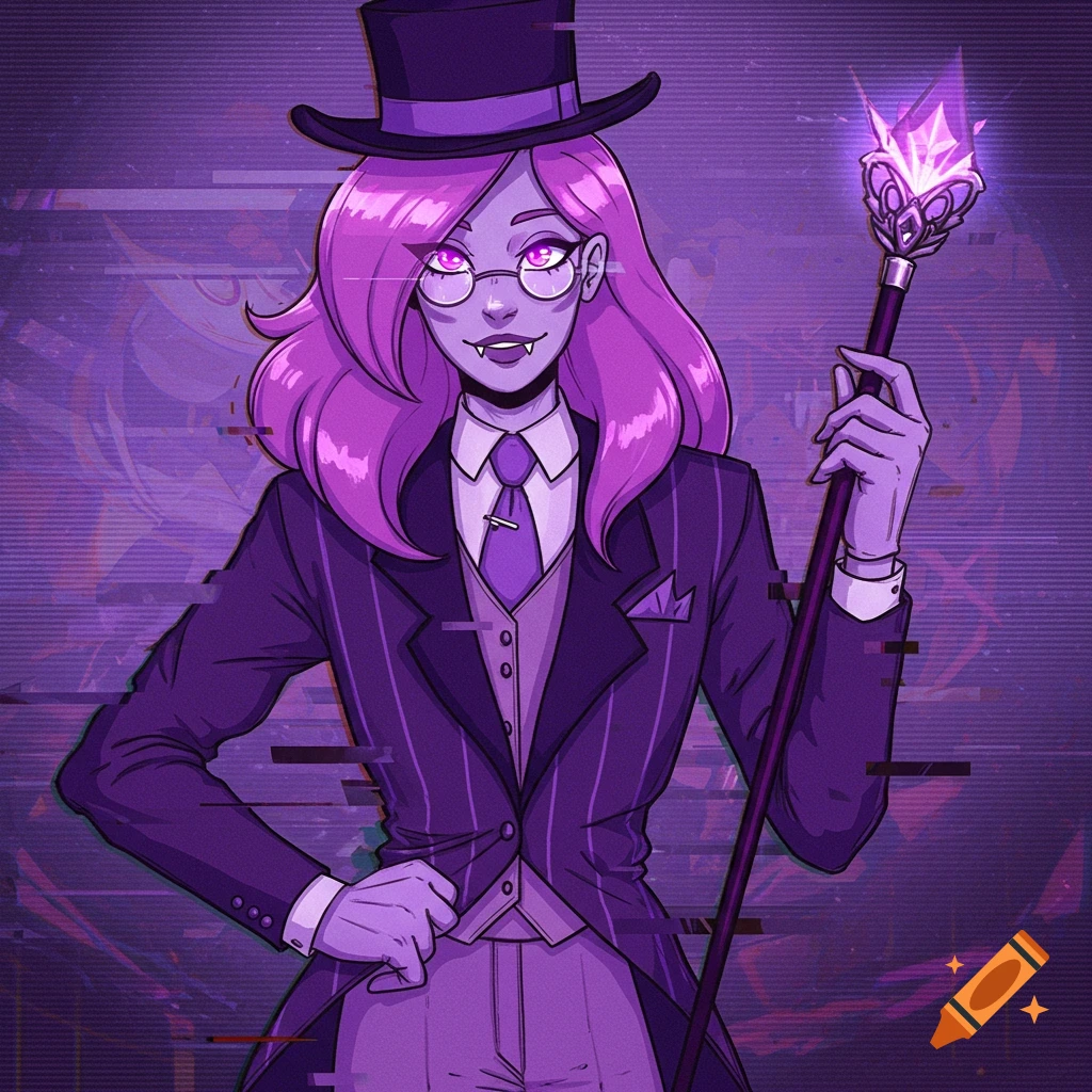 Purple-skinned character with pink hair, top hat, pinstriped suit, and glasses, holding a glowing crystal staff, against a glitchy purple background.