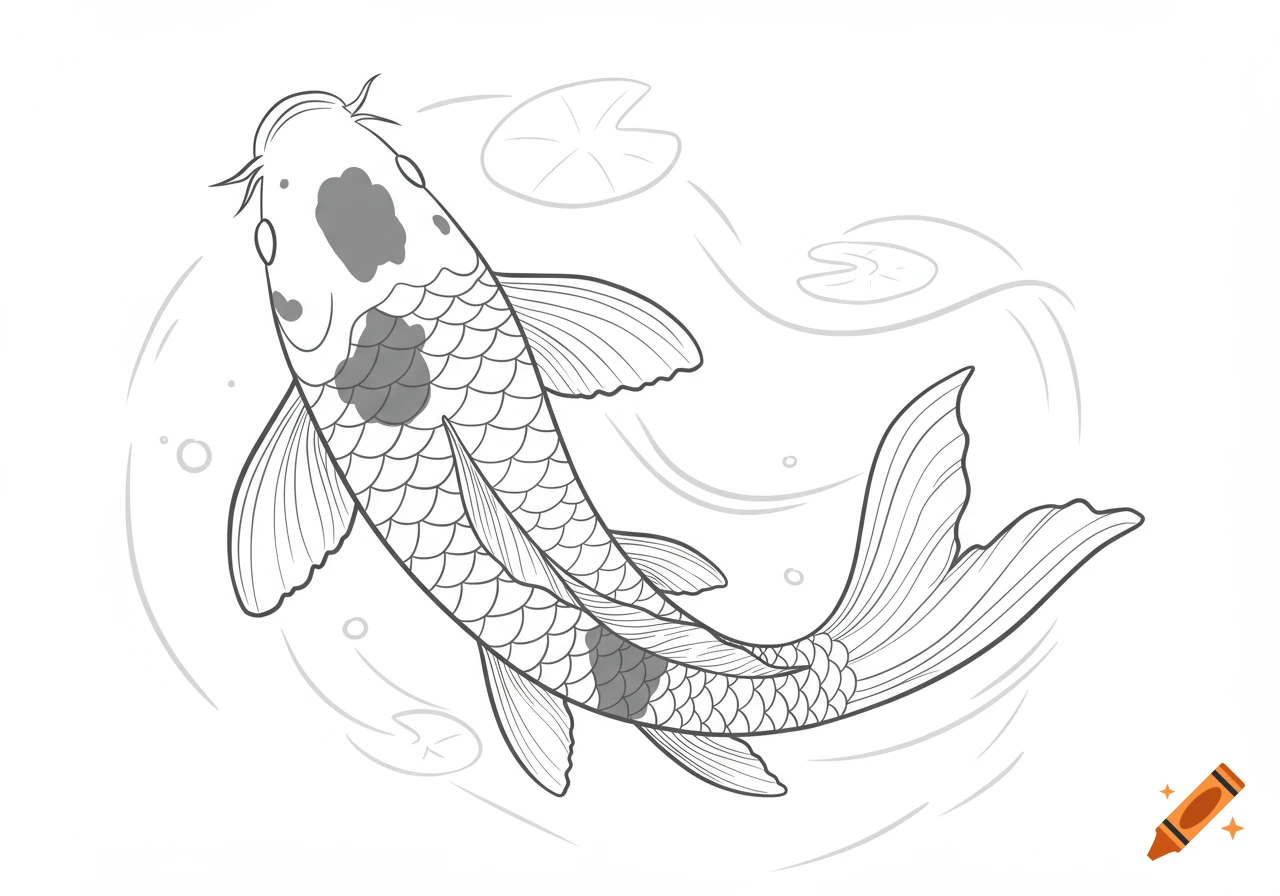 A black and white line drawing of a koi carp swimming, with water ripples and small lily pads around it.
