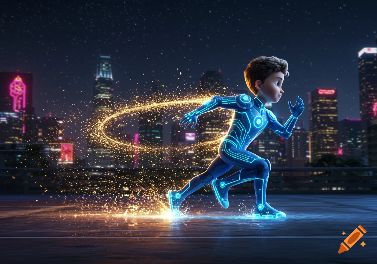 Animated boy in a glowing blue futuristic suit runs at high speed through a nighttime city, leaving a trail of golden sparks.