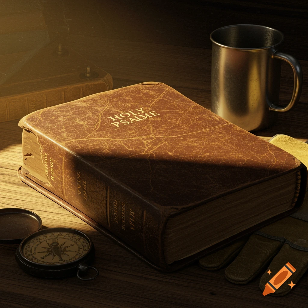 A weathered brown leather-bound book with "HOLY PSALME" on its cover rests on a wooden table, next to a metal mug, a compass, and work gloves, bathed in warm, dramatic light.