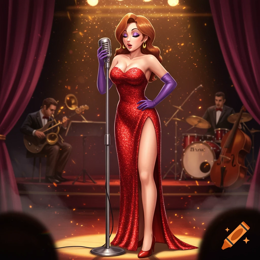 Anime-style character resembling Jessica Rabbit in a sparkling red dress and purple gloves sings on a stage with a band.