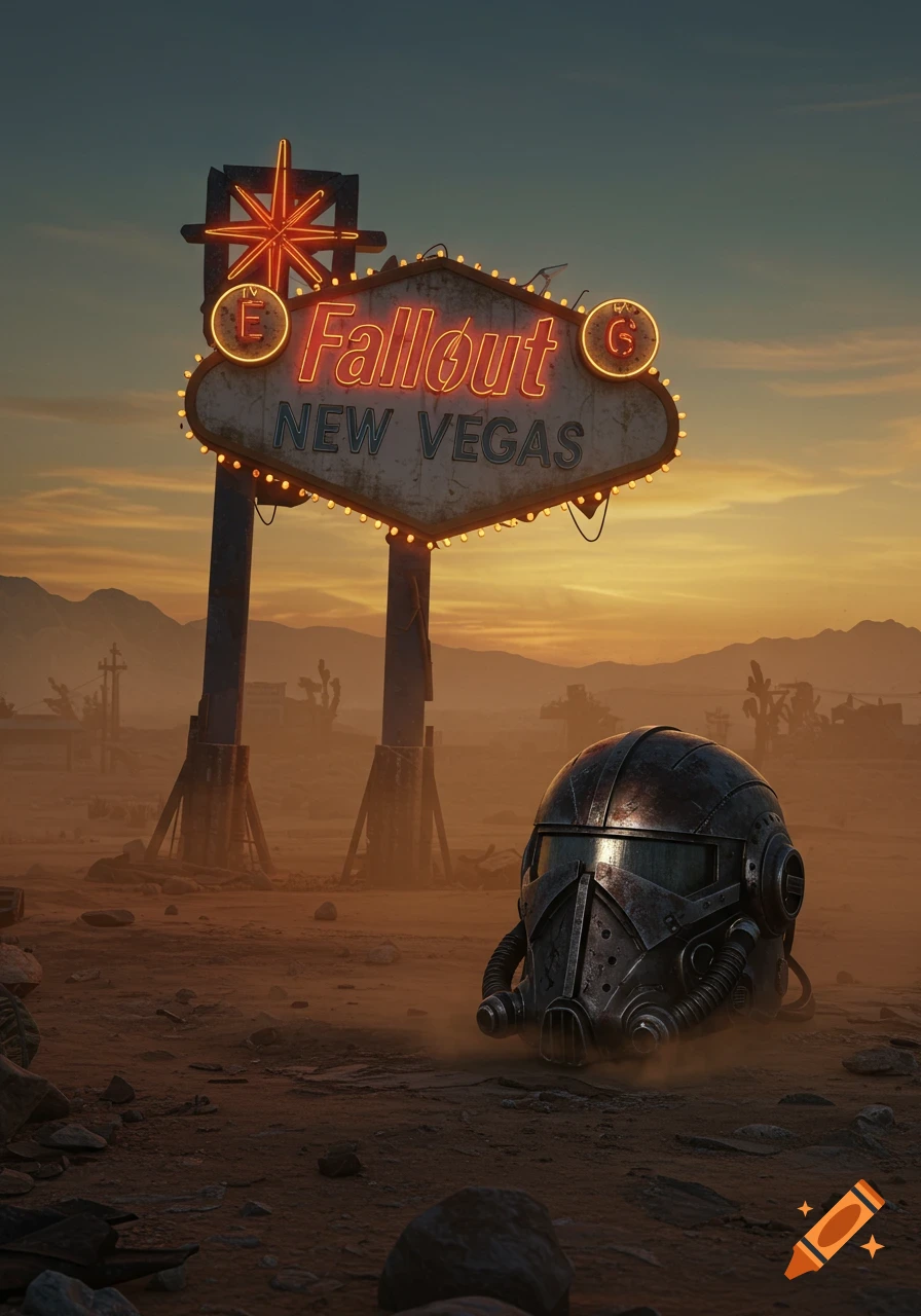 A rusty metal helmet rests on the sand in a desert landscape at sunset, with a glowing neon 'Fallout New Vegas' sign in the background.