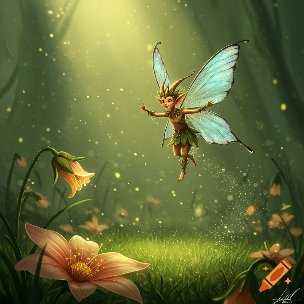 A cute green-skinned fairy with light blue wings flies above a magical forest floor with large flowers and dappled light.