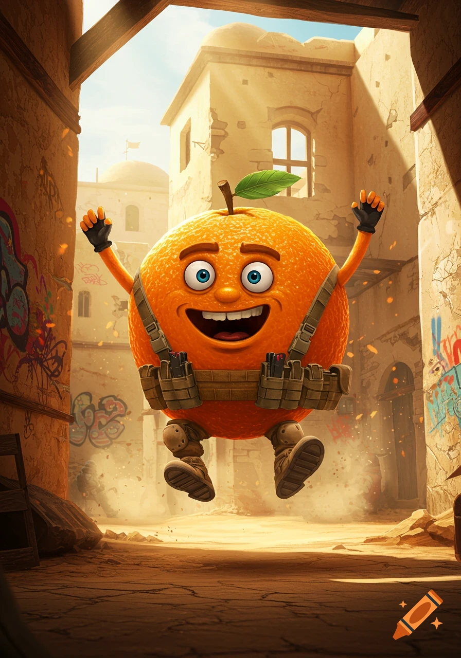 A cheerful cartoon orange character wearing tactical gear jumps in a dusty, sunlit alleyway with graffiti.