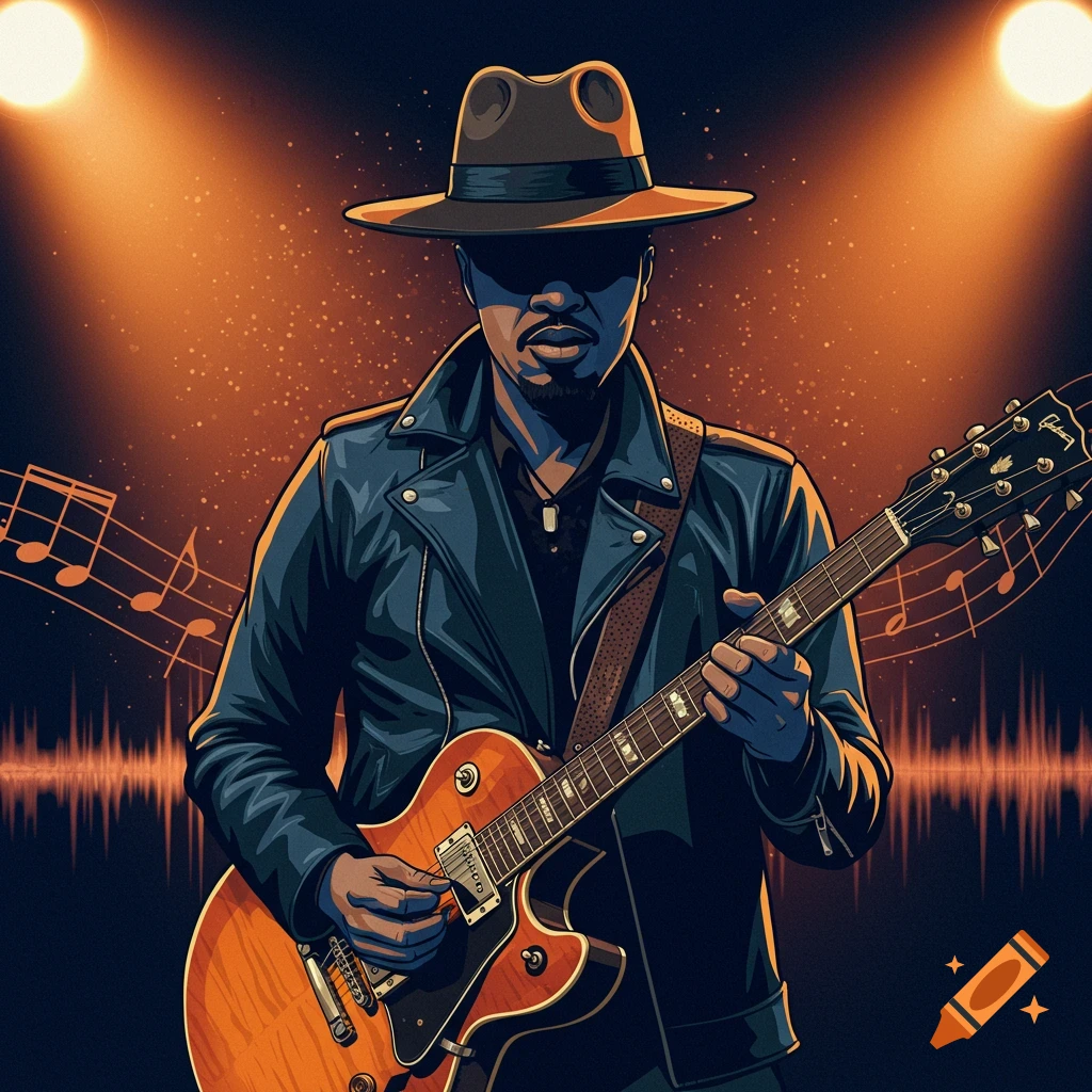Stylized illustration of a male musician in a hat and leather jacket playing a guitar under spotlights, with musical notes and sound waves.