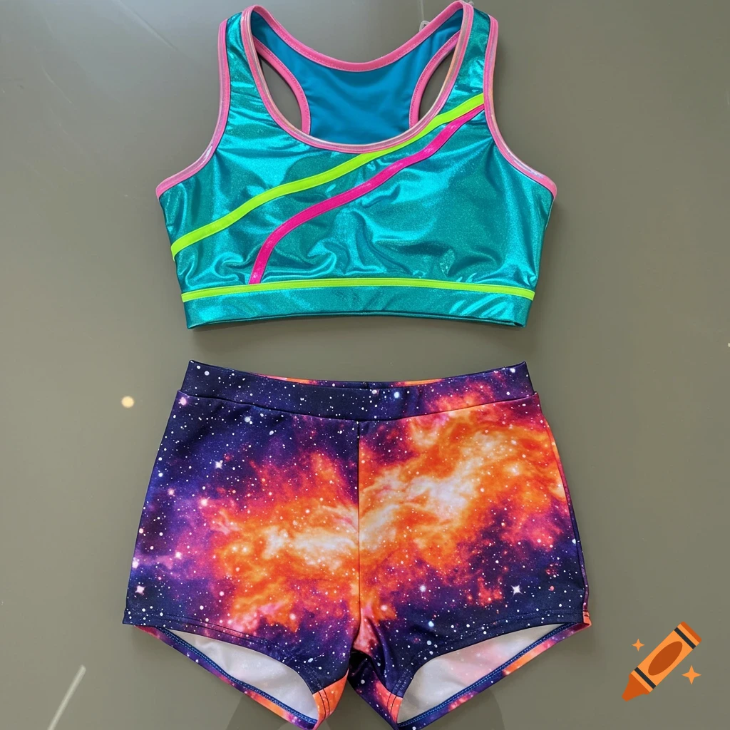 A vibrant teal crop top with neon pink and yellow stripes paired with galaxy-print shorts, laid flat.