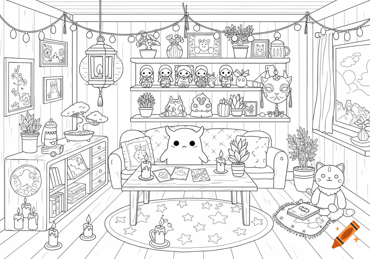 Black and white kawaii coloring page of a cute horned monster on a couch, surrounded by shelves, plants, dolls, and candles.