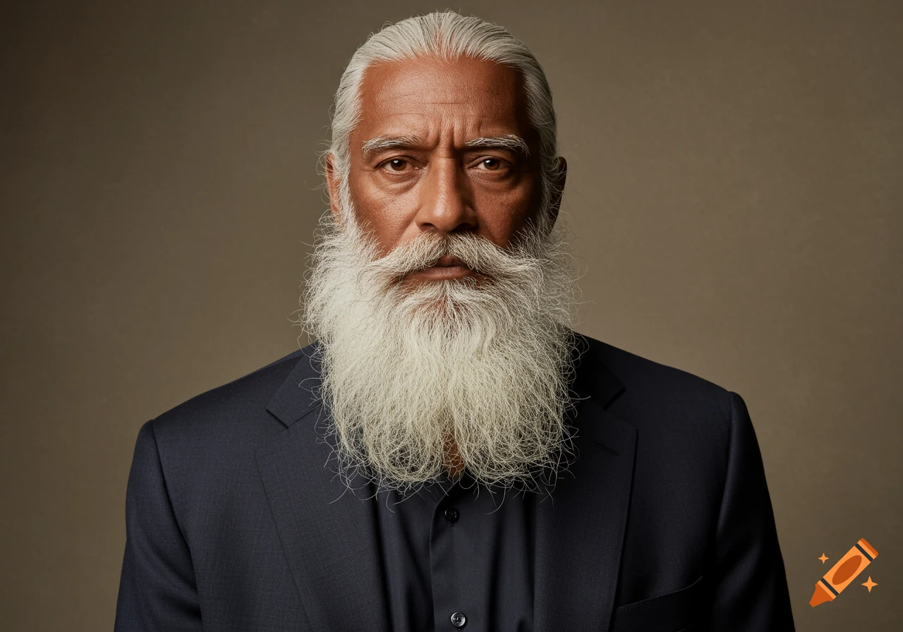 Photorealistic headshot of a man with a long white beard and gray hair, wearing a dark suit against a brown background.