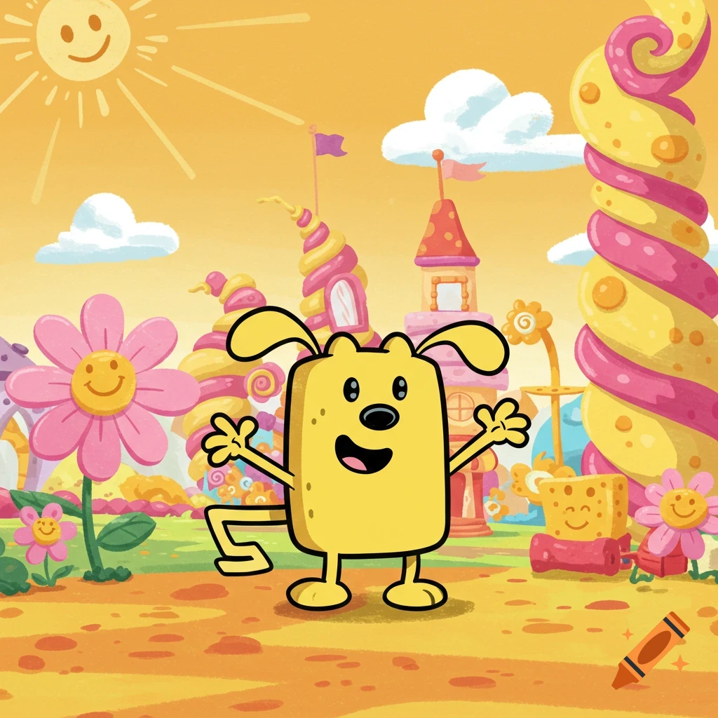 A cheerful yellow cartoon character Wubbzy stands in a vibrant, whimsical landscape with candy-like buildings and smiling flowers.