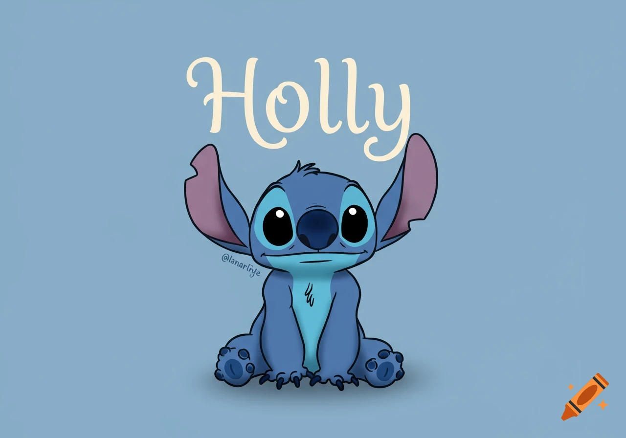 A cartoon illustration of Stitch from Disney's Lilo & Stitch, sitting on a light blue background with the name 'Holly' written above him.