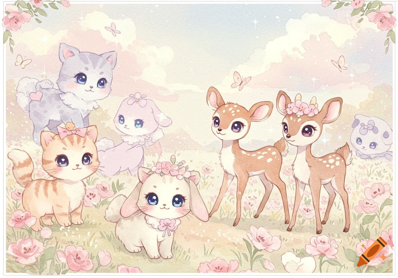 Cute watercolor illustration of chibi animals including cats and deer in a pastel flowery field.