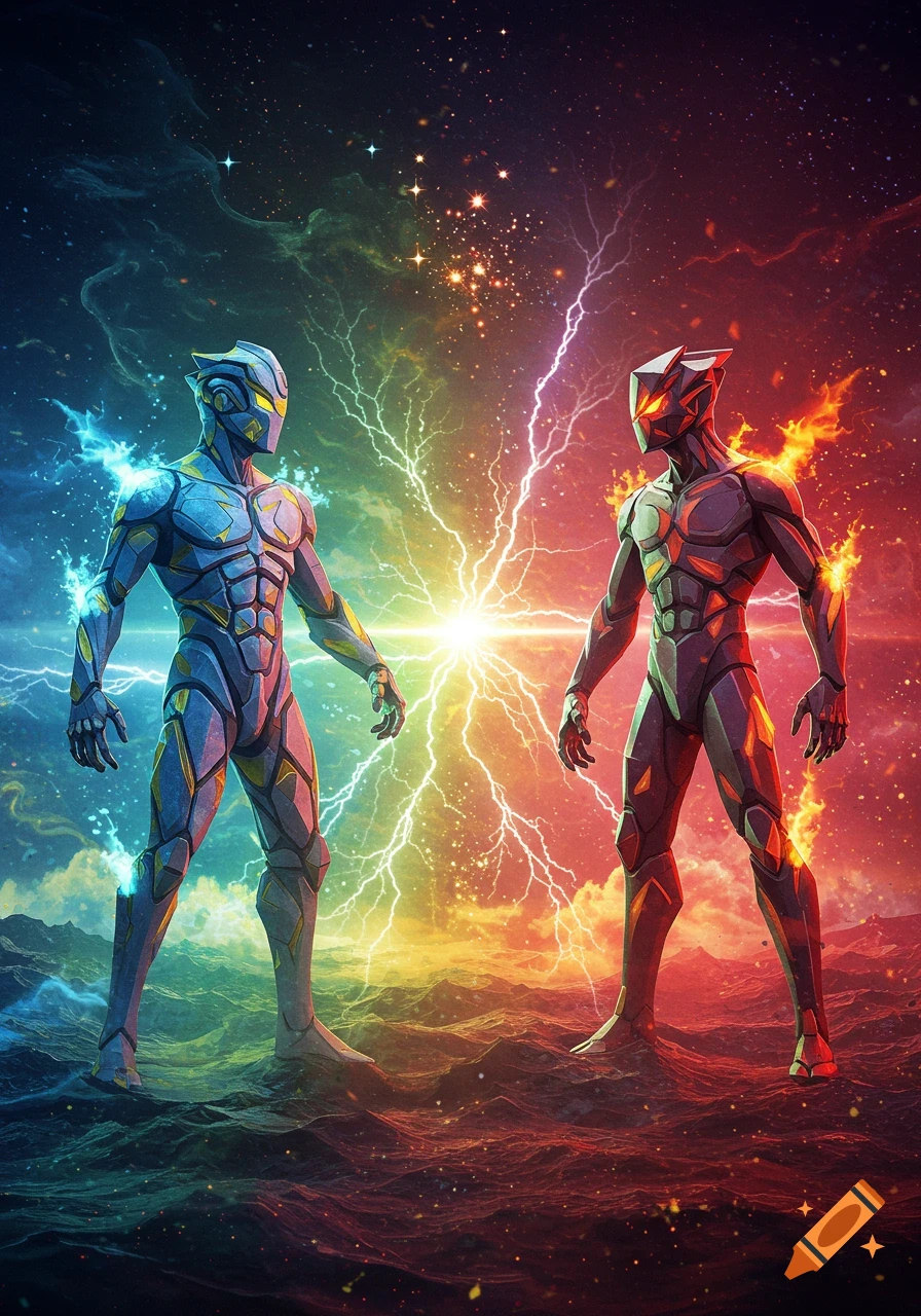 Two armored figures, one blue and one red, face each other with a lightning bolt between them, set against a cosmic, elemental backdrop.