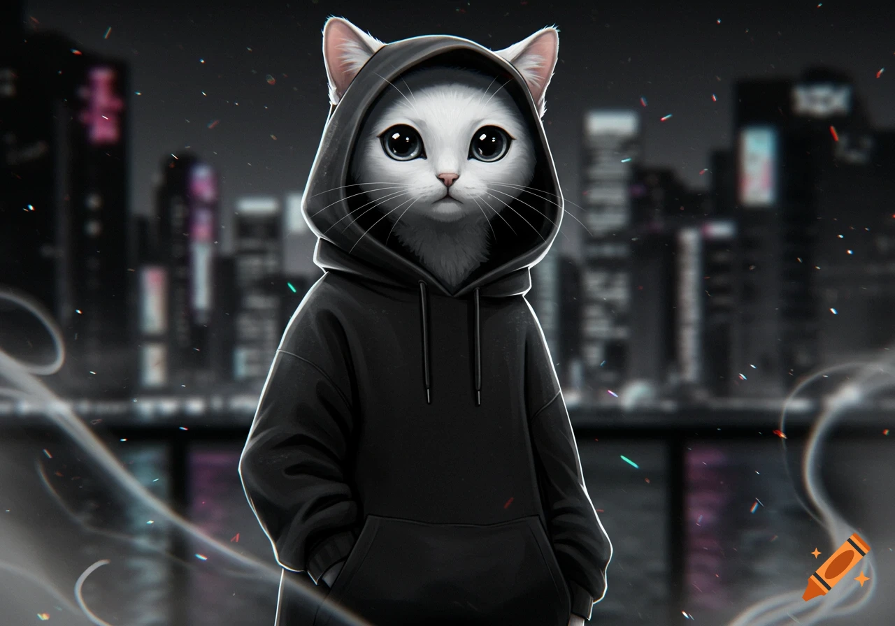 A cute white cat wearing a black hoodie stands in an anime style against a blurred city night background.